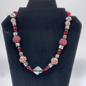 Red Beaded Necklace Costume Jewelry Stones 10" Silver Engraved
